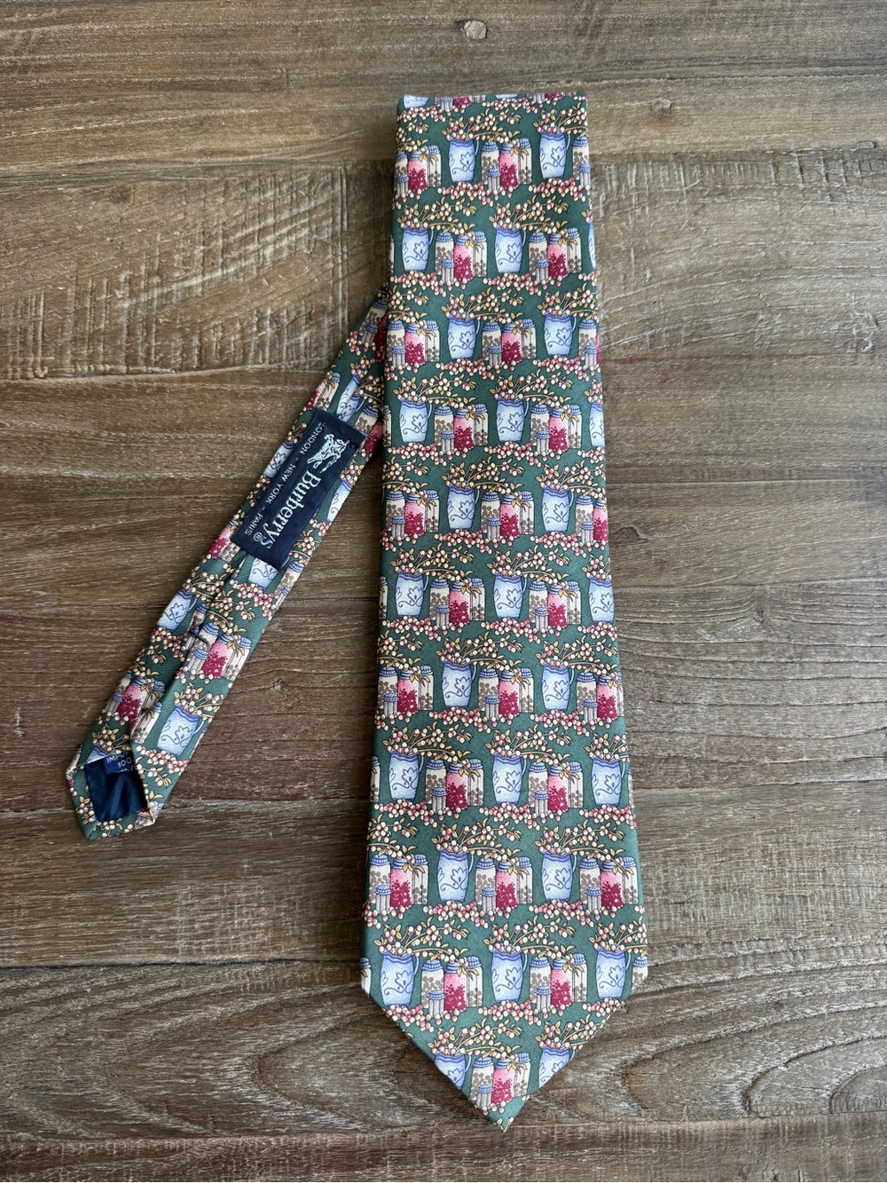 Burberry Olive Green Silk Tie with Blue, Red and Cream Vase Motif